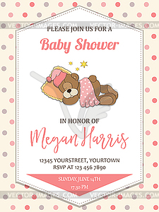 Delicate baby girl shower card with little teddy - vector image