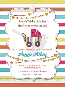 Lovely baby shower card with stroller - vector image