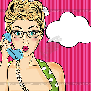 Pop art woman chatting on retro phone . Comic - vector clipart / vector image