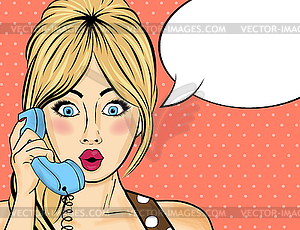 Pop art woman chating on retro phone . Comic woman - color vector clipart