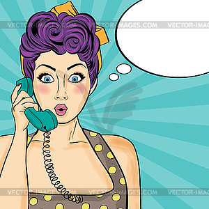 Pop art woman chatting on retro phone . Comic - vector image