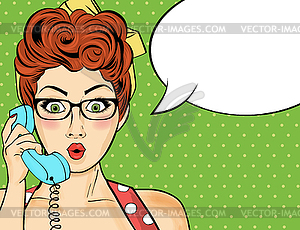 Pop art woman chatting on retro phone . Comic - vector clip art