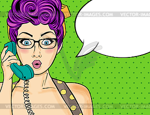 Pop art woman chatting on retro phone . Comic - vector clipart / vector image