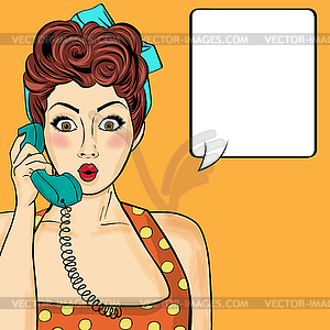 Поп-арт женщина чате на ретро телефон. комический - векторное изображение клипарта