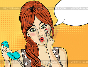 Surprised pop art woman with retro phone, who - vector image