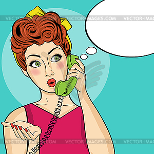 Surprised pop art woman with retro phone - vector clipart