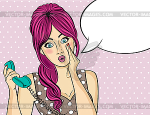 Surprised pop art woman with retro phone, who - vector image