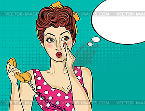 Surprised pop art woman with retro phone, who - vector clip art