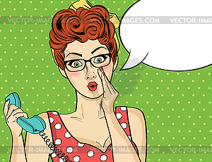 Surprised pop art woman with retro phone, who - vector clipart