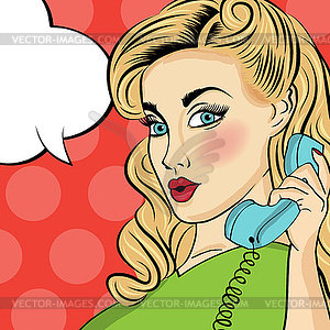 Pop art woman with retro phone - vector image