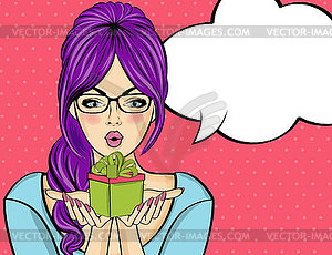 Surprised pop art woman that holds gift in their - vector clipart