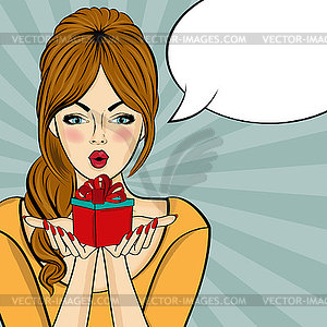 Surprised pop art woman that holds gift in their - vector clipart