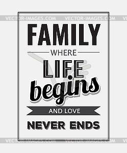 Retro motivational quote.  Family where life begin - vector image