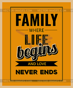 Retro motivational quote.  Family where life begin - vector clipart