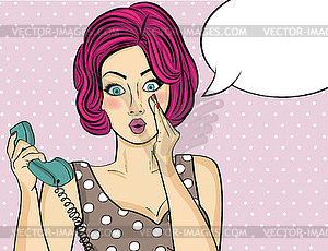 Surprised pop art woman chatting on retro phone . - vector clip art