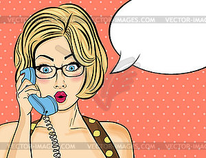 Surprised pop art woman chatting on retro phone . - vector clipart