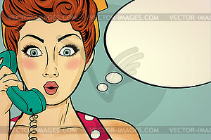 Surprised pop art woman chatting on retro phone . - vector image