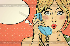 Surprised pop art woman chatting on retro phone . - vector clipart