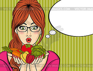 Surprised pop art woman that holds vegetables in he - vector clipart