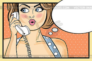 Surprised pop art woman chatting on retro phone . - vector image