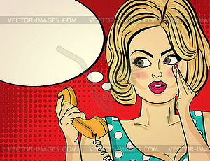 Surprised pop art woman with retro phone, who - vector image