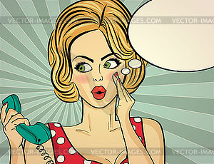 Surprised pop art woman with retro phone, who - vector EPS clipart