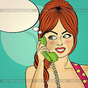 Surprised pop art woman chatting on retro phone . - vector clipart