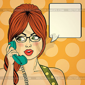 Удивленный поп-арт женщина чате на ретро телефон. - векторный дизайн