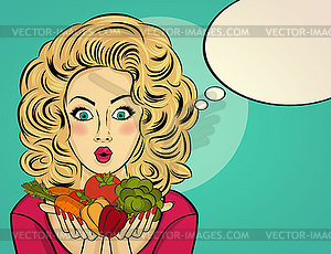 Surprised pop art woman that holds vegetables in he - vector clipart