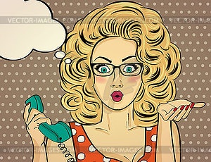 Surprised pop art woman chatting on retro phone . - vector image