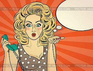 Surprised pop art woman chatting on retro phone . - vector clip art