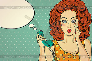 Surprised pop art woman with retro phone, who - vector image