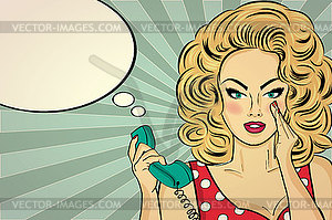 Sexy pop art woman talking on retro phone - vector image