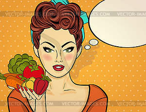 Sexy pop art woman with vegetables in his hand - vector clipart