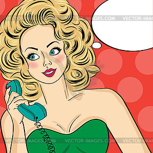 Sexy pop art woman in party dress talking on retro - vector image