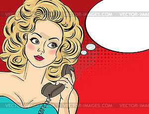 Sexy pop art woman in party dress talking on retro - vector clipart