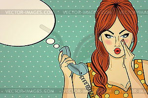 Sexy pop art woman talking on retro phone - vector image
