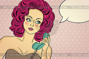 Sexy pop art woman in party dress talking on retro - vector EPS clipart