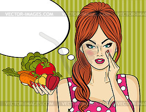 Sexy pop art woman with vegetables in his hand - vector image