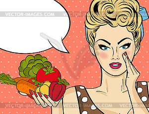 Sexy blonde woman with many vegetables in his hands - stock vector clipart