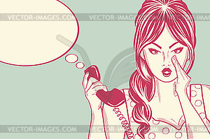 Line art comic woman talking on retro phone - vector clipart