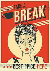 Advertising coffee retro poster with pop art woman - vector image