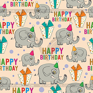 Birthday seamless pattern with elephants and gifts - vector clipart