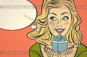 Blonde lady with gift in her hands - vector image