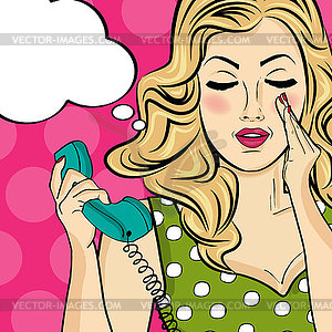 Blonde lady gossip at retro phone - vector image