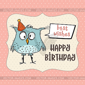 Happy birthday card with funny doodle bird - color vector clipart