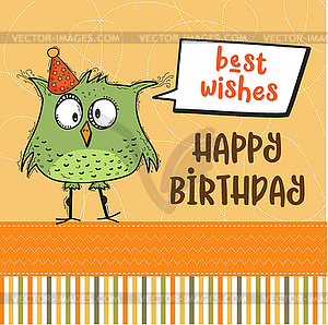 Happy birthday card with funny doodle bird - vector clip art