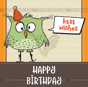 Happy birthday card with funny doodle bird - vector clipart