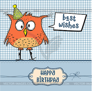 Happy birthday card with funny doodle bird - vector clip art