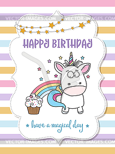 Happy birthday card with lovely baby unicorn - vector image